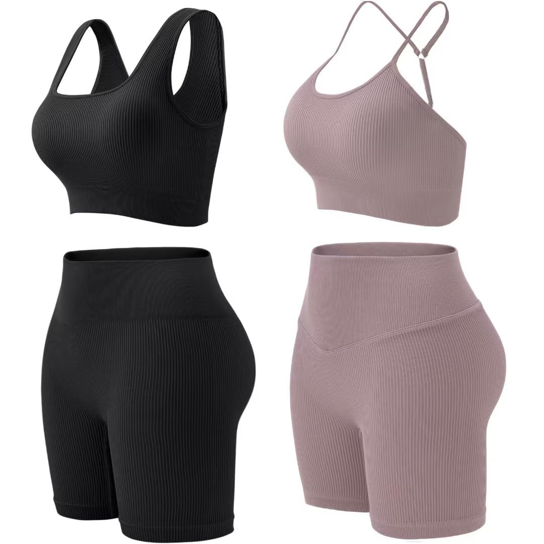 Photo 1 of Workout Outfits Sets for Women 4 piece Seamless Backless Tank Sport Bra High Waist Short Yoga Gym Matching Active Set