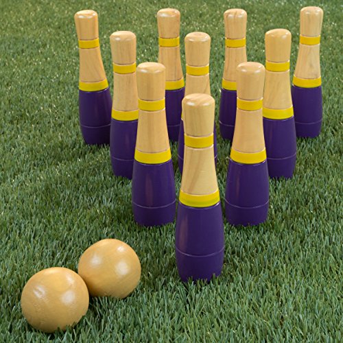 Hey!Play! Lawn Bowling Game/Skittle Ball- Indoor/Outdoor Fun for Kids, Adults -10 Wooden Pins, 2 Balls, and Mesh Bag Set, 8 Inch, Purple/Yellow
