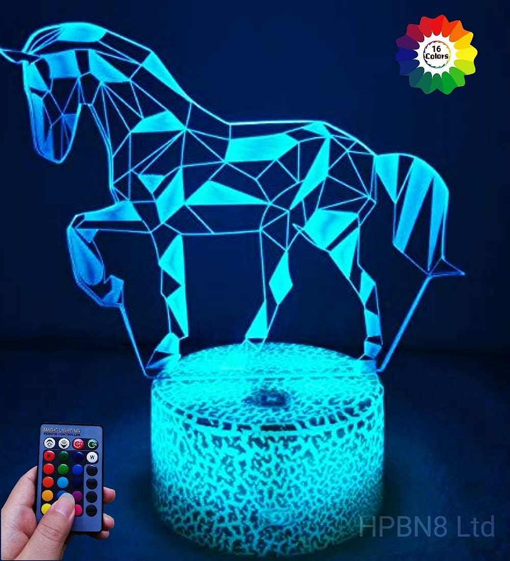 HPBN8 Ltd Creative 3D Horse Night Light USB Powered Touch Switch Remote Control LED Decor Optical Illusion 3D Lamp 7/16 Colors Changing Xmas Brithday Children Kids Toy