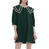D-Sun Women's Babydoll Dress 3/4 Sleeves Peter Pan Collar Casual Loose A Line Flowy Fall Mini Dress