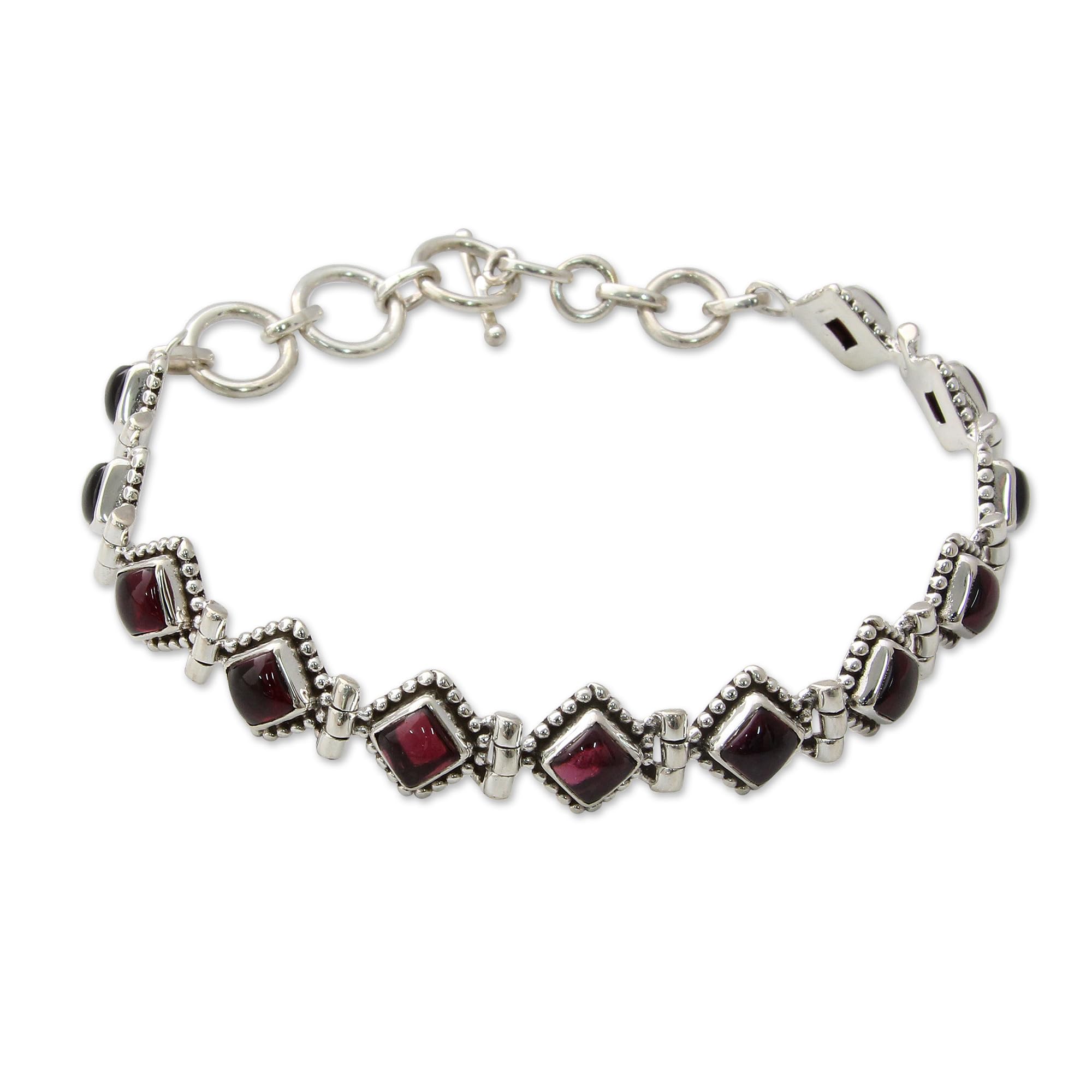 NOVICA Artisan Handmade Garnet Tennis Bracelet Red Artisan Crafted India Silver Sterling Style Birthstone [7.75 in min L x 8.5 in max L x 0.4 in W] ' Deep Red Diamonds'