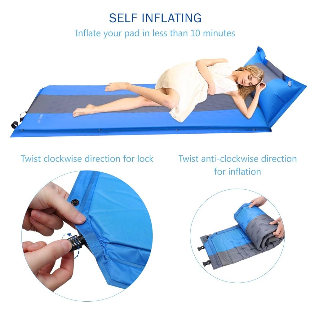 Camping Sleeping Pad Self Inflating with Attached Pillow, Inflatable
