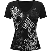 Verdusa Women's Goth Graphic Tees V Neck Short Sleeve T Shirt
