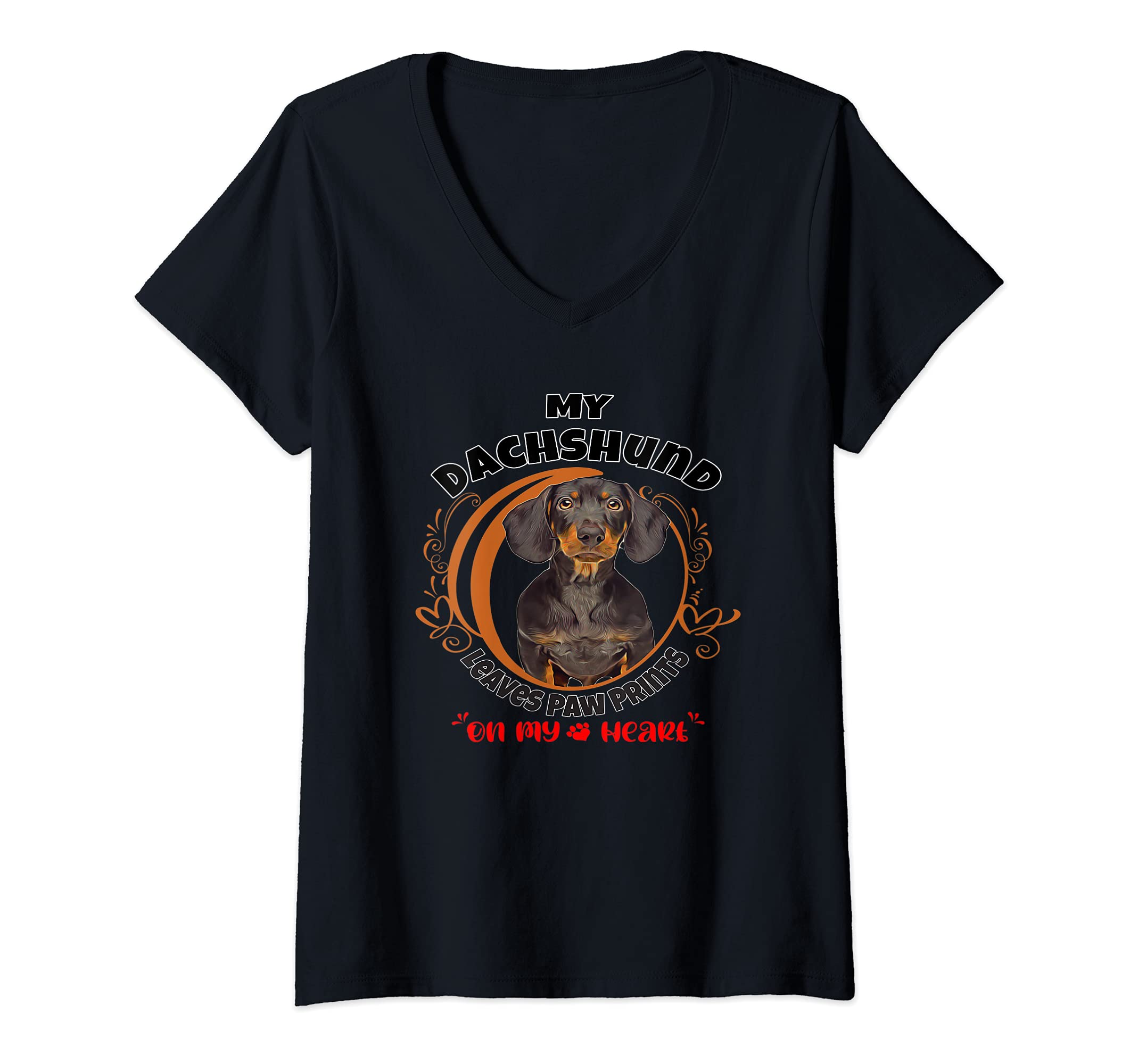 Womens Dachshund Dog Paw Prints On My Heart V-Neck T-Shirt