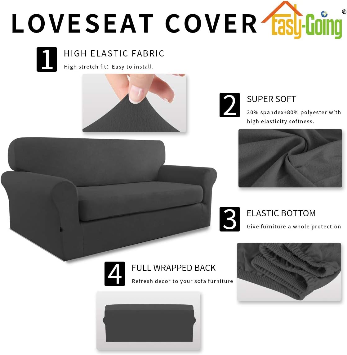 Easy-Going 2 Pieces Microfiber Stretch Sofa Slipcover – Spandex Soft Fitted Sofa Couch Cover, Washable Furniture Protector with Elastic Bottom Kids,Pet （Loveseat，Dark Gray）: Home & Kitchen