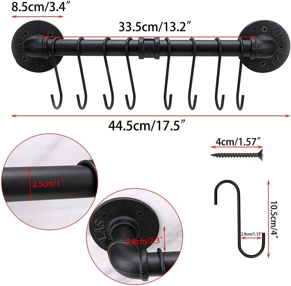 Sumnacon 16 Inch Industrial Pipe Pan Pot Rack with 8-Hooks, Wall Mounted Metal Rail Kitchen Utensil Pot Pan Lid Storage Organizer/Cookware Holder with Hardwares: Kitchen & Dining