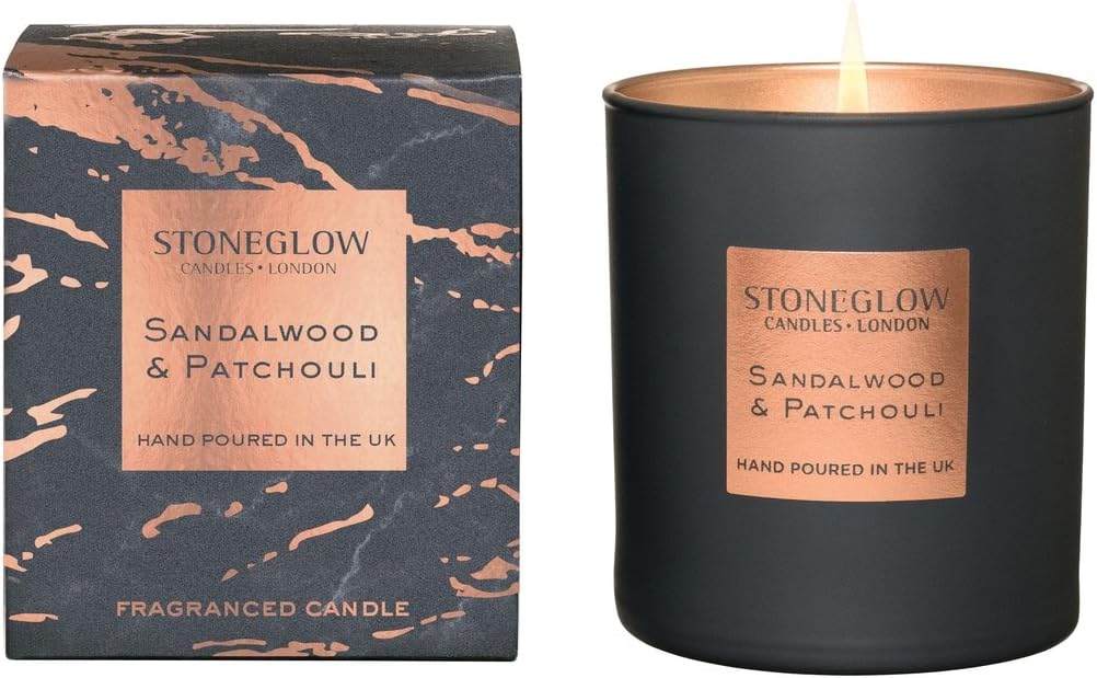 Stoneglow Luna Collection - Sandalwood & Patchouli 220 Grams Scented Candle (Dark Grey & Copper), Black, 9.0000