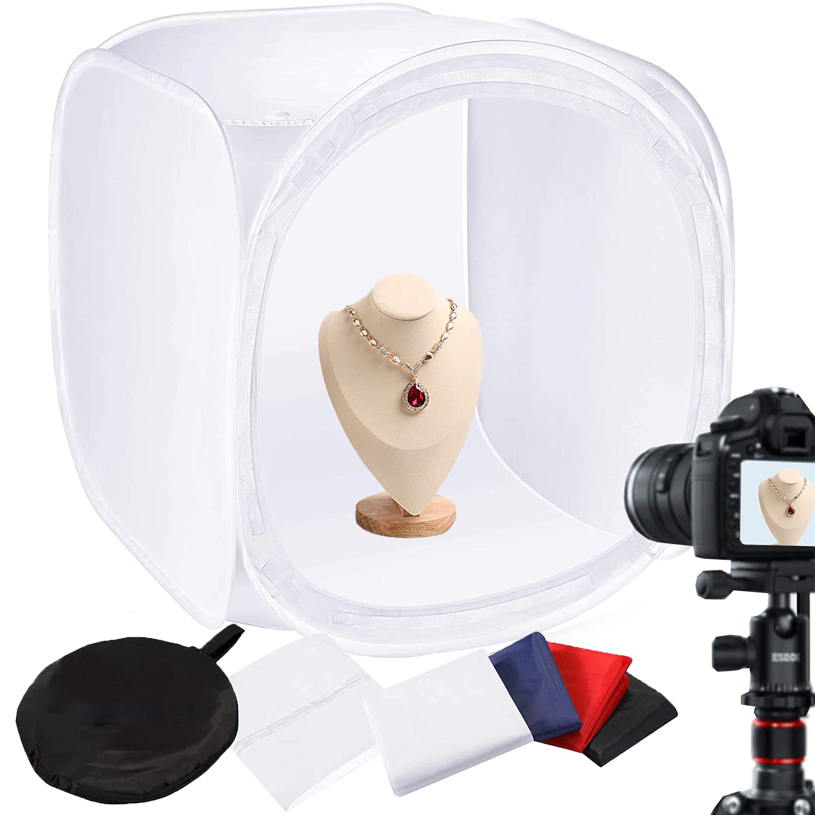 24''/60cm Photo Studio Shooting Tent Light Cube Diffusion Soft Box Kit with 4 Colors Backdrops Red Dark Blue Black White for Photography Product Shooting