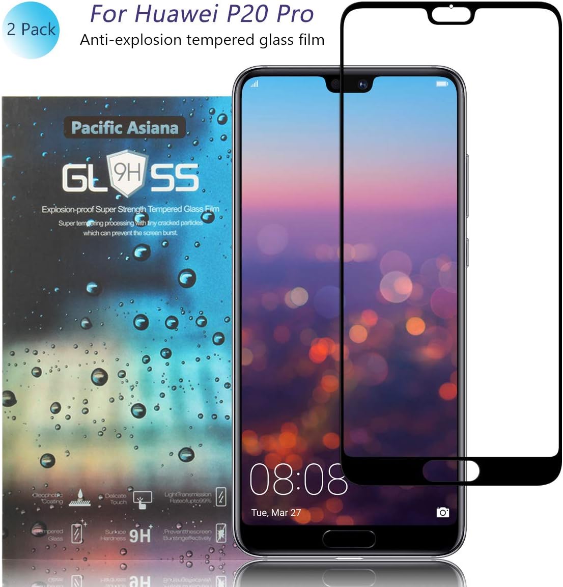 Pacific Asiana Screen Protector Compatible for Huawei P20 Pro, Ultra Thin HD Clear Ballistic [9H Hardness][Anti-Scratch][Bubble-Free][Case Friendly][Anti-Drop] Tempered Glass (2-Pack)