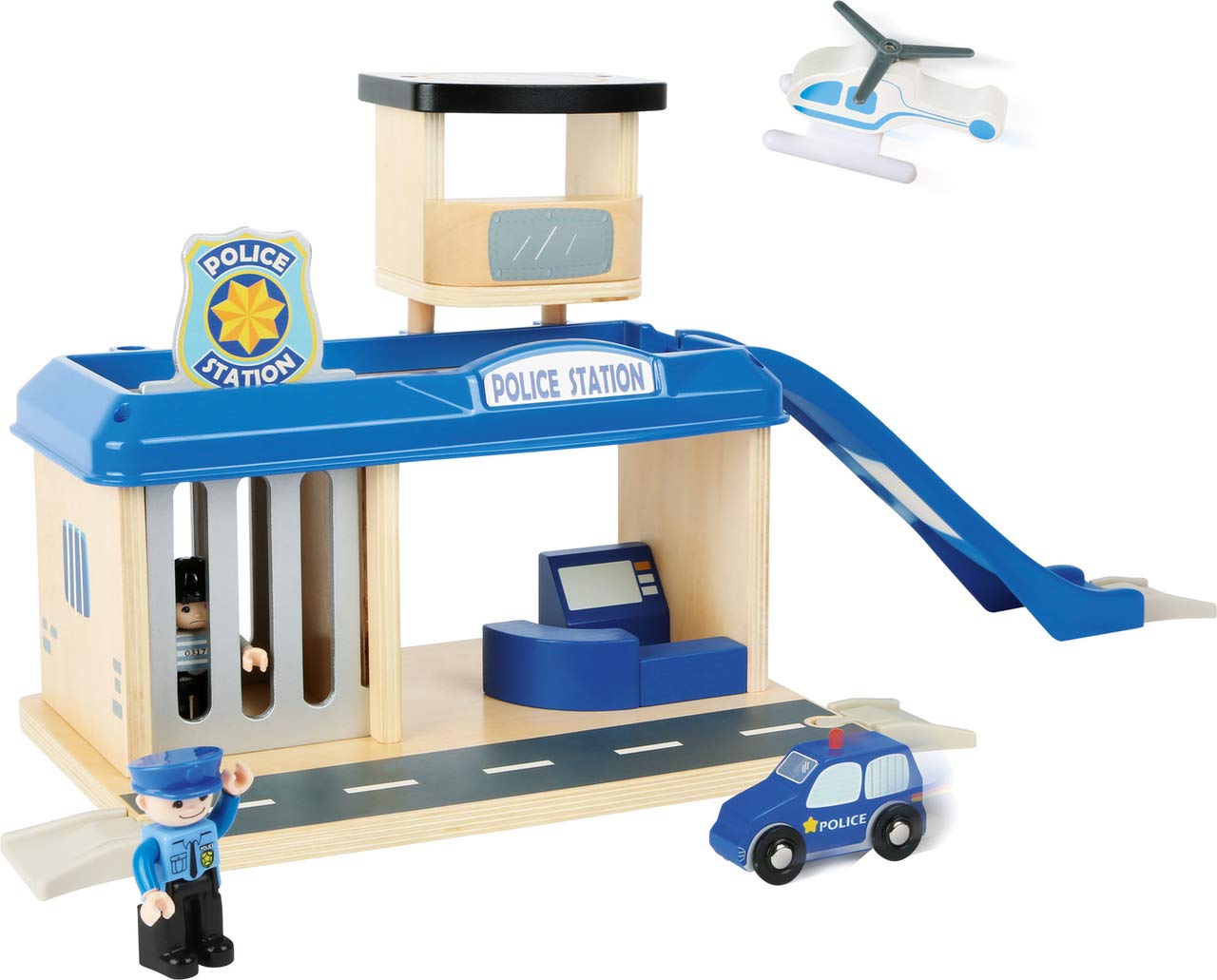 Small Foot 10899 Police Station Natural 100% FSC-Certified Wood, with helipad and car ramp, Parking Deck, Prison Cell, incl. Accessories Toys, Multicolored