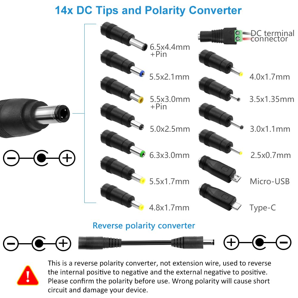 SHNITPWR Universal Power Supply Adjustable DC 24V 12V 9V 14V 19V 30V 36V AC Adapter Multi-Voltage 9V ~ 36V 3A 108W Power Adapter 100V~240V AC to DC Variable Power Converter 14 Tips 5.5x2.5mm