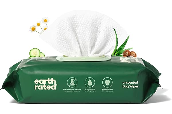Earth Rated Pet Wipes for Dogs and Cats, Hypoallergenic, 3-in-1 Cleaning, Deodorizing and Hydrating, for Grooming Paws, Body and Butt, Unscented, 100 Count
