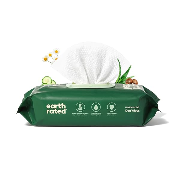 EARTH RATED PET WIPES FOR DOGS AND CATS, HYPOALLERGENIC, CLEANING AND HYDRATING, FOR GROOMING PAWS, BODY AND BUTT, UNSCENTED, 100 COUNT