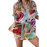 Akivide Women's Summer Graffiti Graphic Beachwear 2 Piece Set Hawaiian Short Sleeve Button Down Shirt and Casual Shorts