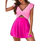 Aleumdr Women's One Piece Swimsuit Ruffle Cutout Swimdress Tummy Control V Neck Wrap Swimwear