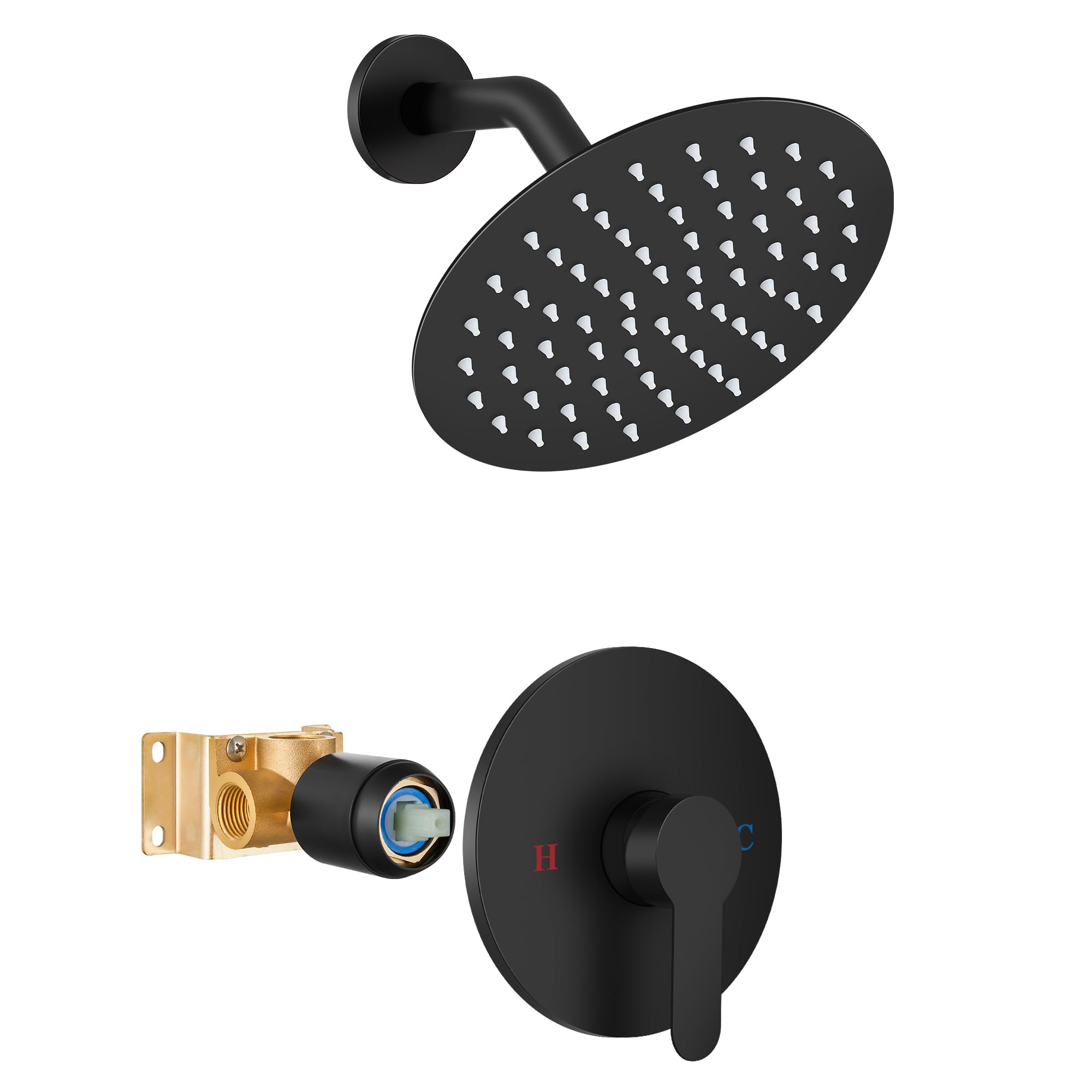 Airuida 8 Inch Matte Black Shower Faucet Set Rainfall Shower System Trim Kit with Female Threads Rough-in Valve Single Function Bathroom Wall Mount SUS304 Ultra-Thin Round Head Shower System Set