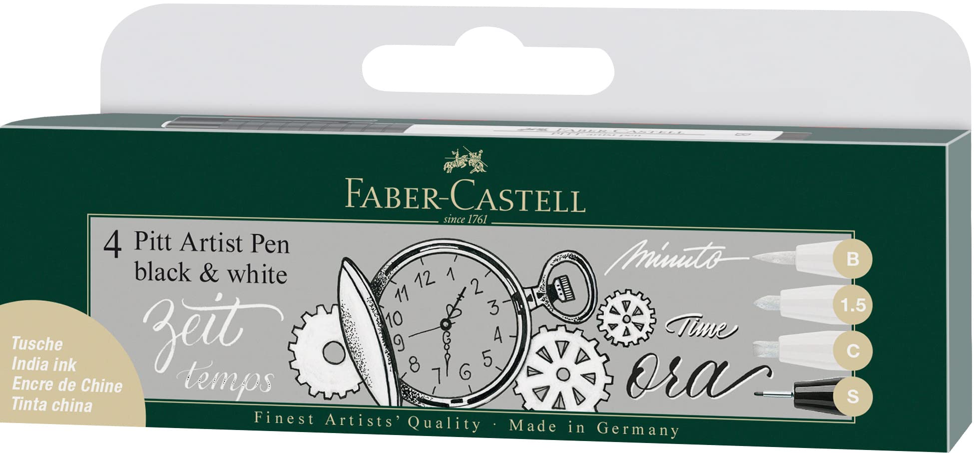 Faber-Castell Art & Graphic Pitt Artist Pen India Ink, Black & White, Wallet of 4, for Art, Craft, Drawing, Sketching, Home, School, University, Colouring