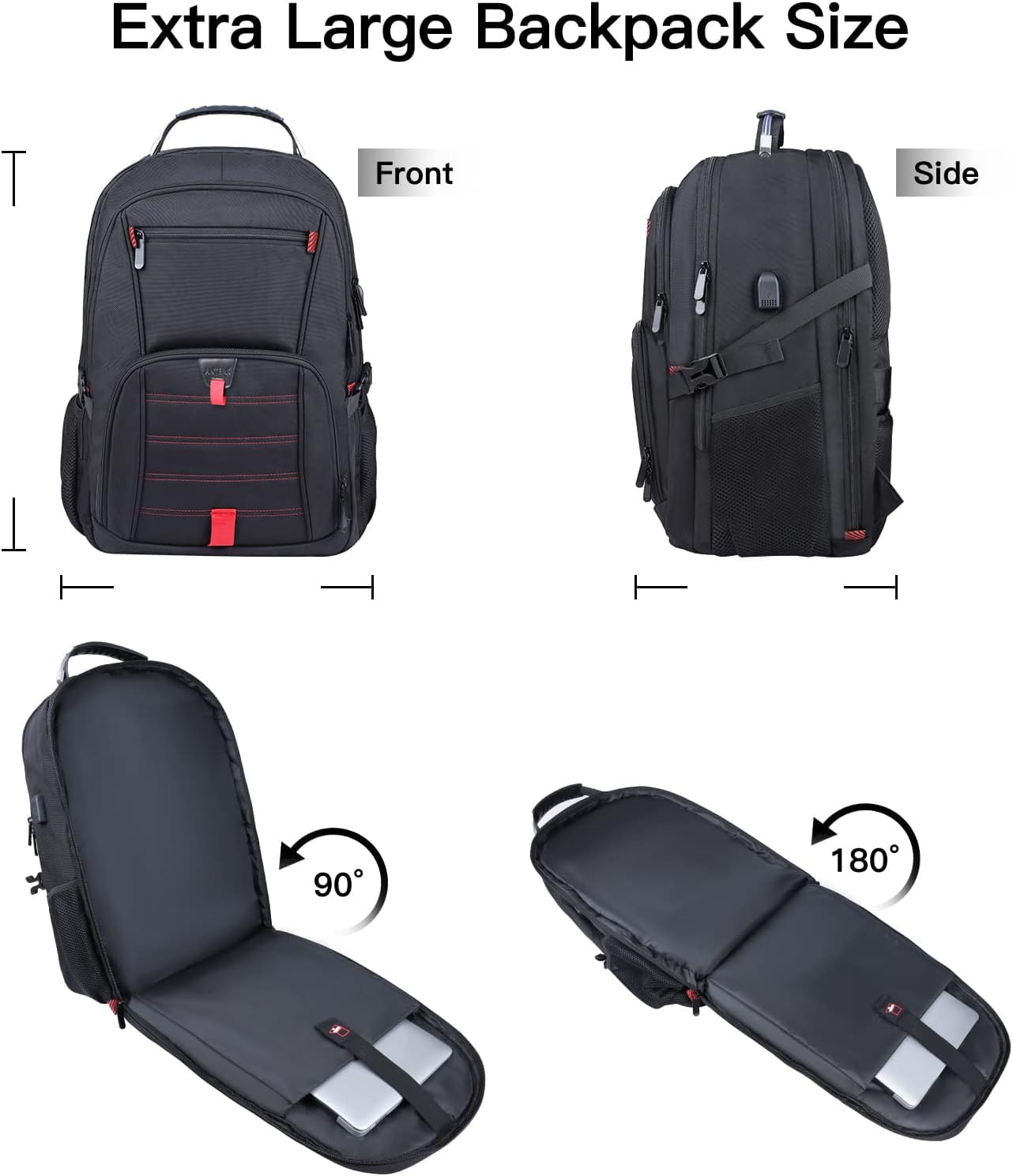 Extra Large Travel Laptop Backpack, 17.3 Inch Carry on Backpack for Men Women with USB Port, 50L Anti Theft Water Resistant College Bussiness TSA Airline Approved Work Computer Backpack, Black