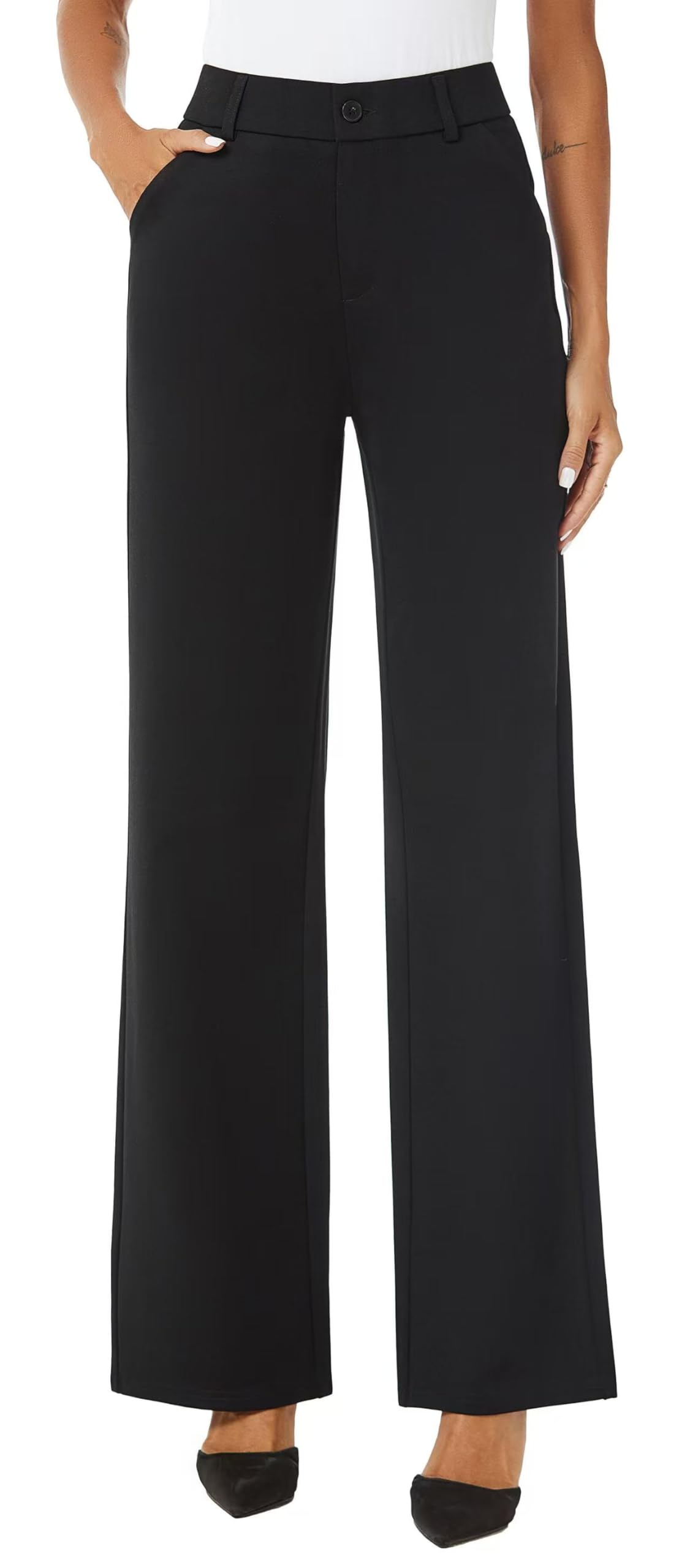 Photo 1 of iChosy Womens High Waist Wide Straight Leg Trousers Casual Slacks Dress Pants with Pockets Black 6 Short
