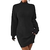 Pink Queen Women's Mock Neck Sweater Dress 2025 Lantern Long Sleeve Loose Plaid Cocktail Party Knit Mini Dress Outfits