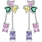 Colorful 3 Leaf Clover Stud Earrings for Women Sterling Silver Hypoallergenic Heart Shaped Clover Dangle Chain Loop Drop Earrings Jewelry Gift for Mom Wife