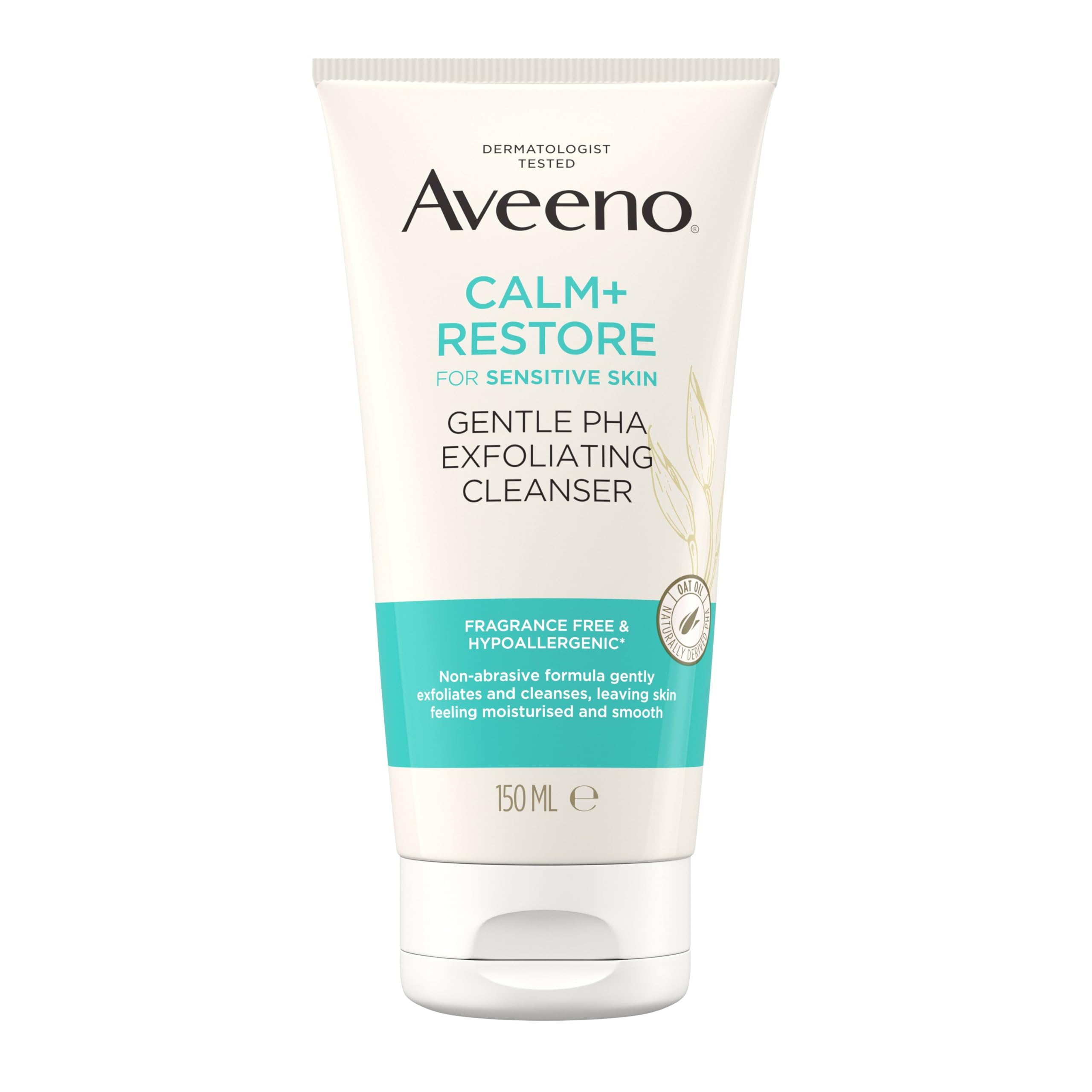 Aveeno Face Calm+Restore Gentle PHA Exfoliating Cleanser (1x 150ml), With Nourishing Oat Oil and Naturally Derived PHA, Face Cleanser for Sensitive Skin, Exfoliator Gentle Enough for Daily Use