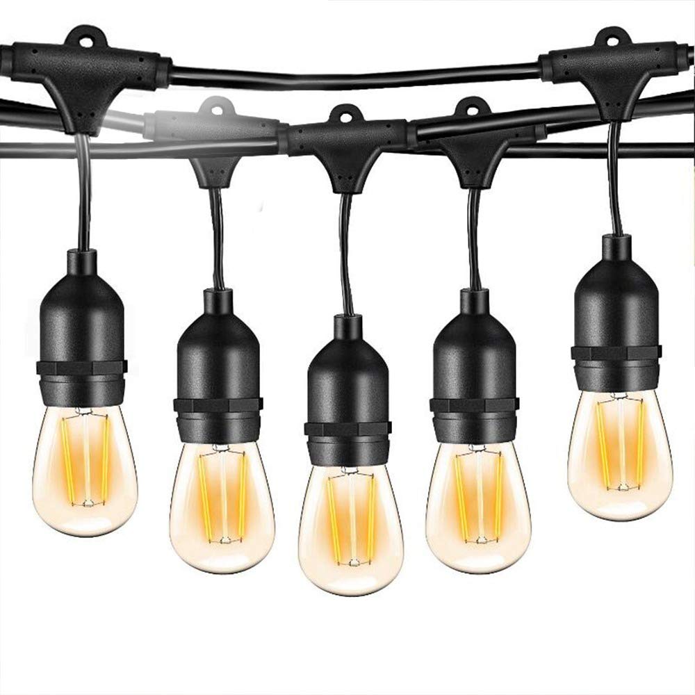Outdoor String Lights LED, 48FT/14.6M Heavy Duty Commercial Grade IP65 Waterproof String Lights,15 E27 Sockets, 15 LED Bulbs (2W Warm White)