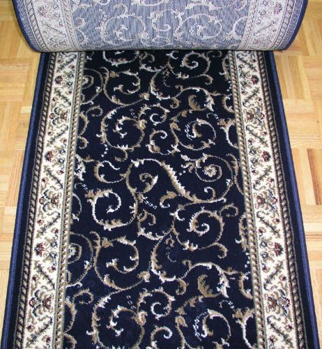 152385 - Rug Depot Radici Como 1599 Navy Scroll European Hall and Stair Runner - 26" Wide Hallway Rug Runner - Navy Background - Carpet Runner Sold by the Foot
