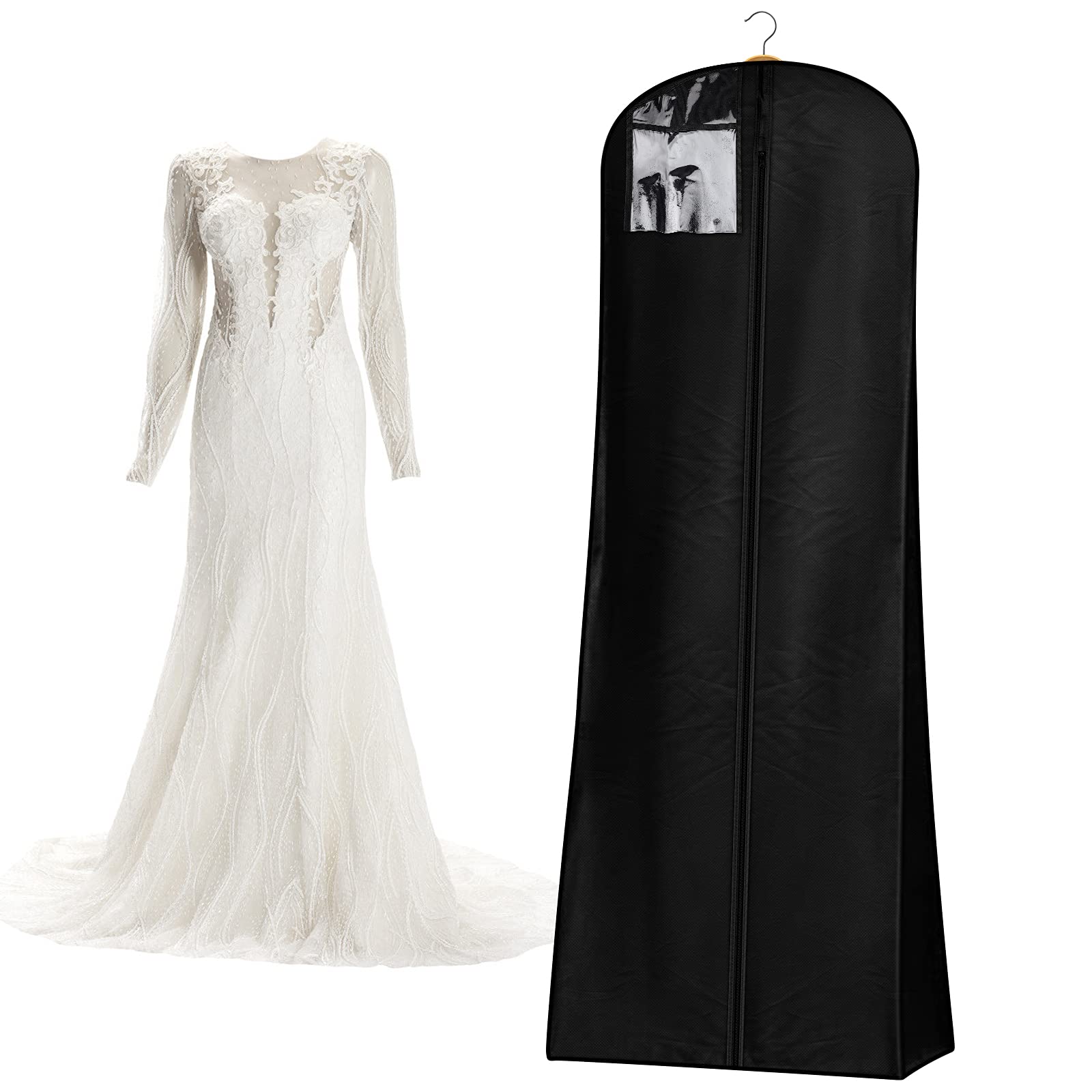 Wedding Dress Bags 72" Bridal Dress Cover Bag Breathable Clothes Cover with External Transparent Pocket for Long Dress Dance Costumes Suits Coat 180 x80 x 22 cm(Black)