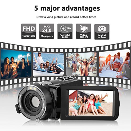 Camera Video Camera HD Camcorder,Kenuo 1080P 24MP HD Digital Recorder 3.0''TFT LCD Stabilization 270 Degree Rotation Screen Camera Bag Lithium Battery (Camera+Lens)