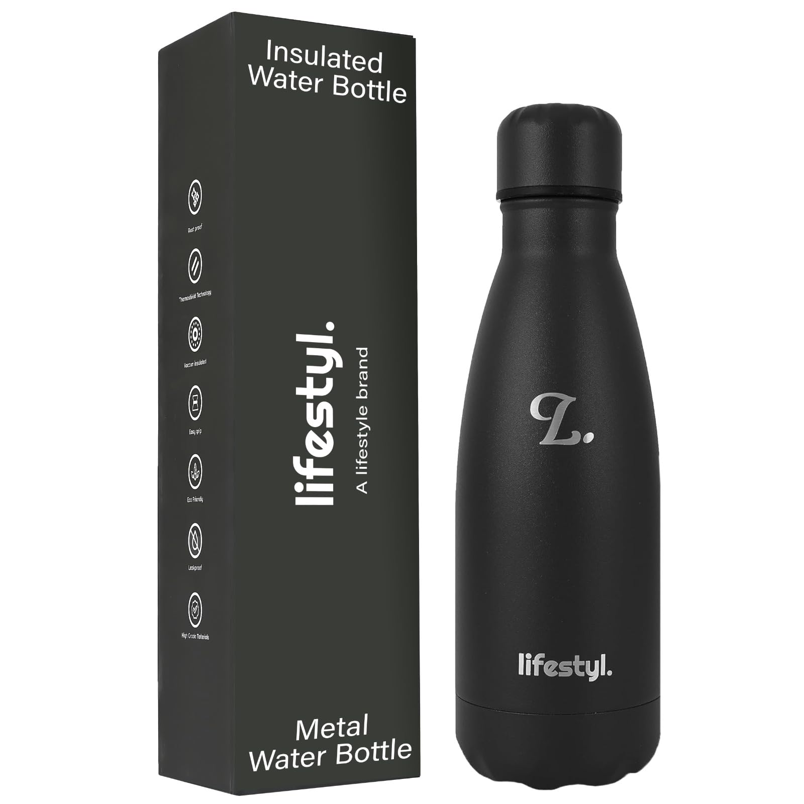 LIFESTYL. Stainless Steel Water Bottle | 24 Hrs Cold & 12 Hrs Hot| Thermoshield Technology Vacuum Insulated Metal Water Bottles, Leak-Proof Drinks Bottle for Gym, Yoga, Cycling (350 ml, Black)