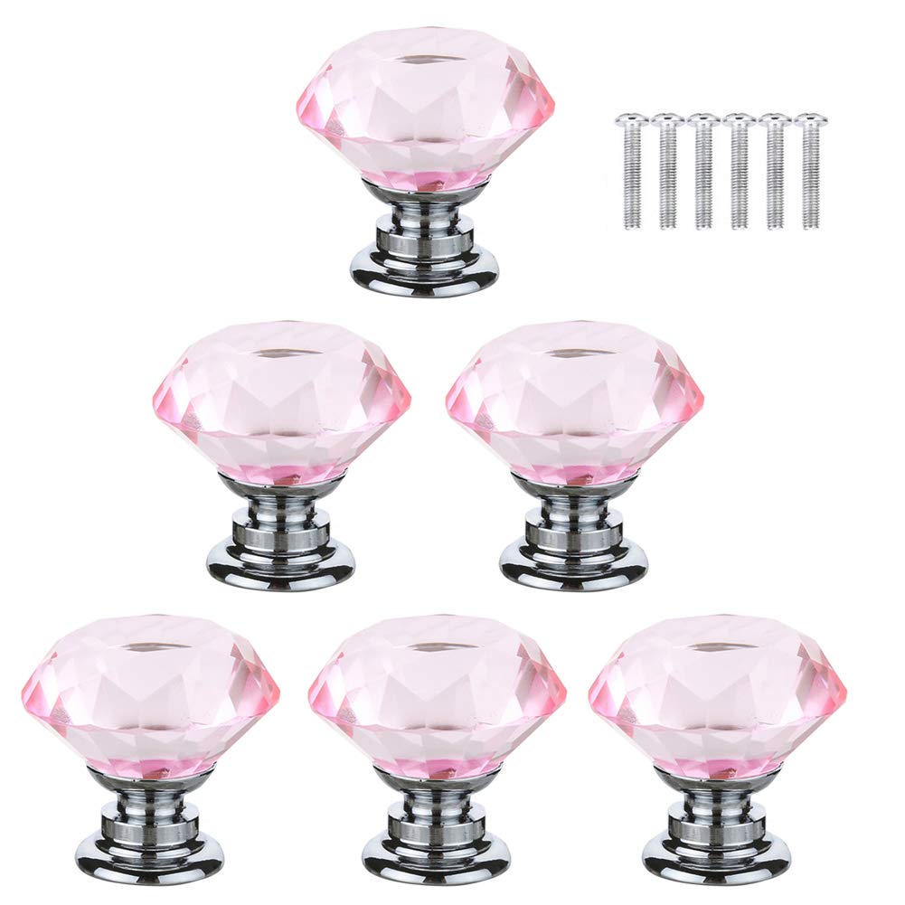 BOZONLI 6pcs 30mm Pink Crystals Glass Drawer Knobs Cupboard Knobs Door Knobs Cabinet Handle Drawer Pull Handle with Screw