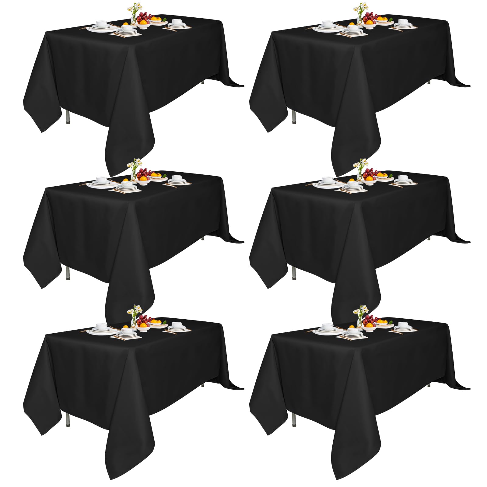 Photo 1 of 6 Pack 70x120-Inch Rect Black Tablecloths-Reusable Polyester Table Covers – Protect from Spills (Not Waterproof) – for Weddings, Banquets, Parties – Ships Folded, Wrinkles Likely, Steam Before Use