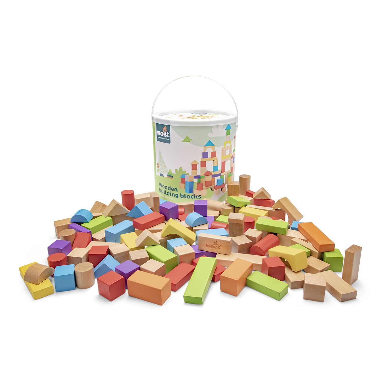Woet® Wooden Toy Building Blocks for Toddlers - 100 Pieces in Storage Drum - Multi Color - Creative Building Toy - Educational Toy - Age 1 Years+