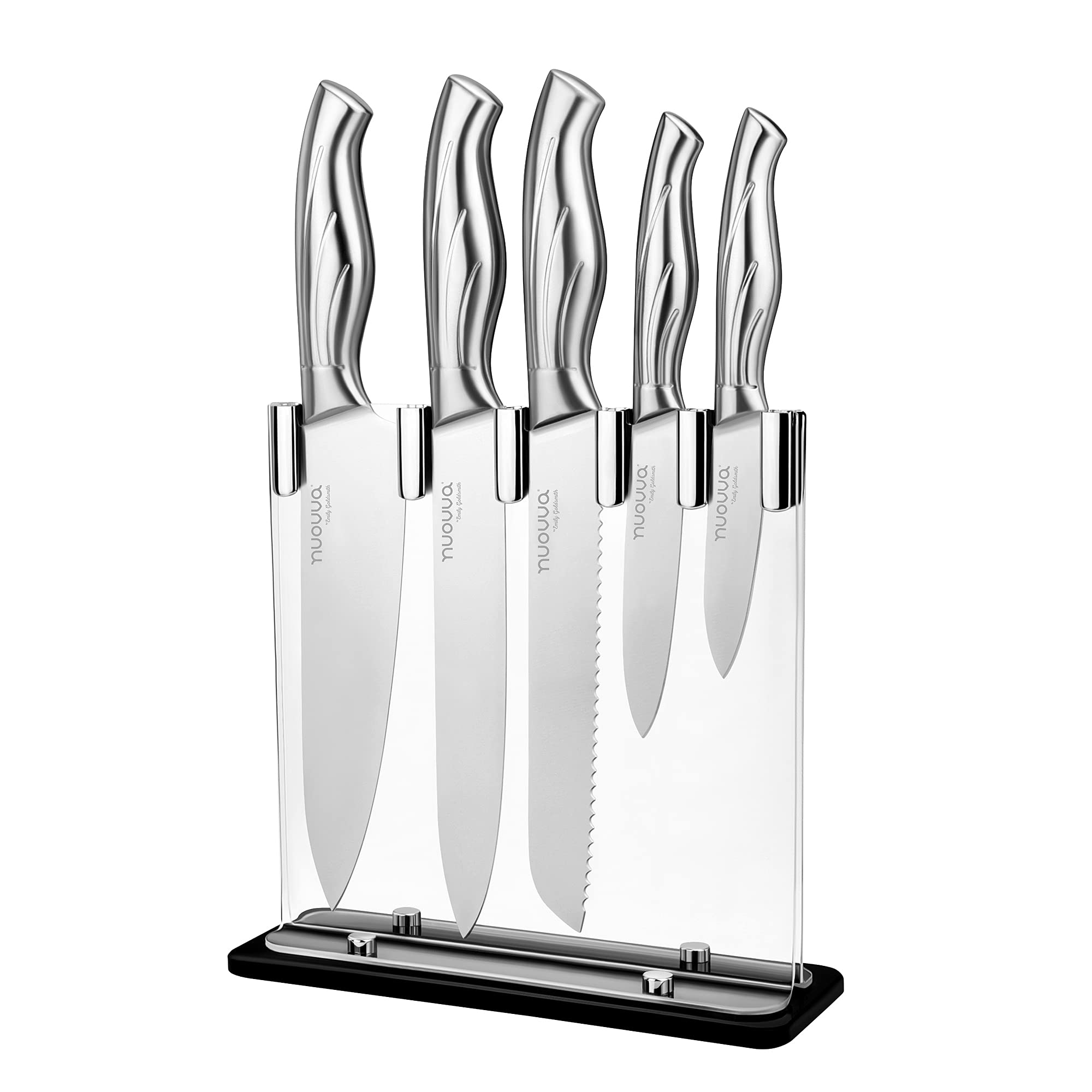 nuovva Kitchen Knife Set - Sharp Stainless Steel Kitchen Knives - 5 Pieces Durable Blades with Clear Acrylic Block - Knife Block Set