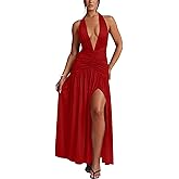 Ekaliy Women's Sexy Halter Deep V Neck Maxi Dress Sleeveless Backless High Slit Ruched Long Dress Summer Party Cocktail Dress