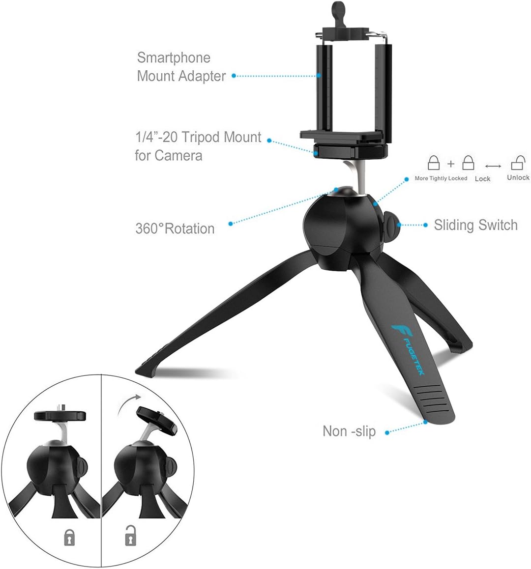 Fugetek Mini Tripod Table Top Stand and Phone Mount, Compact, Travel Ready, Use with FaceTime, Video Calls, Compatible with Gopro, Smartphones, iPhone, Samsung, Compact Cameras, DSLRs, Selfie Stick: Camera & Photo