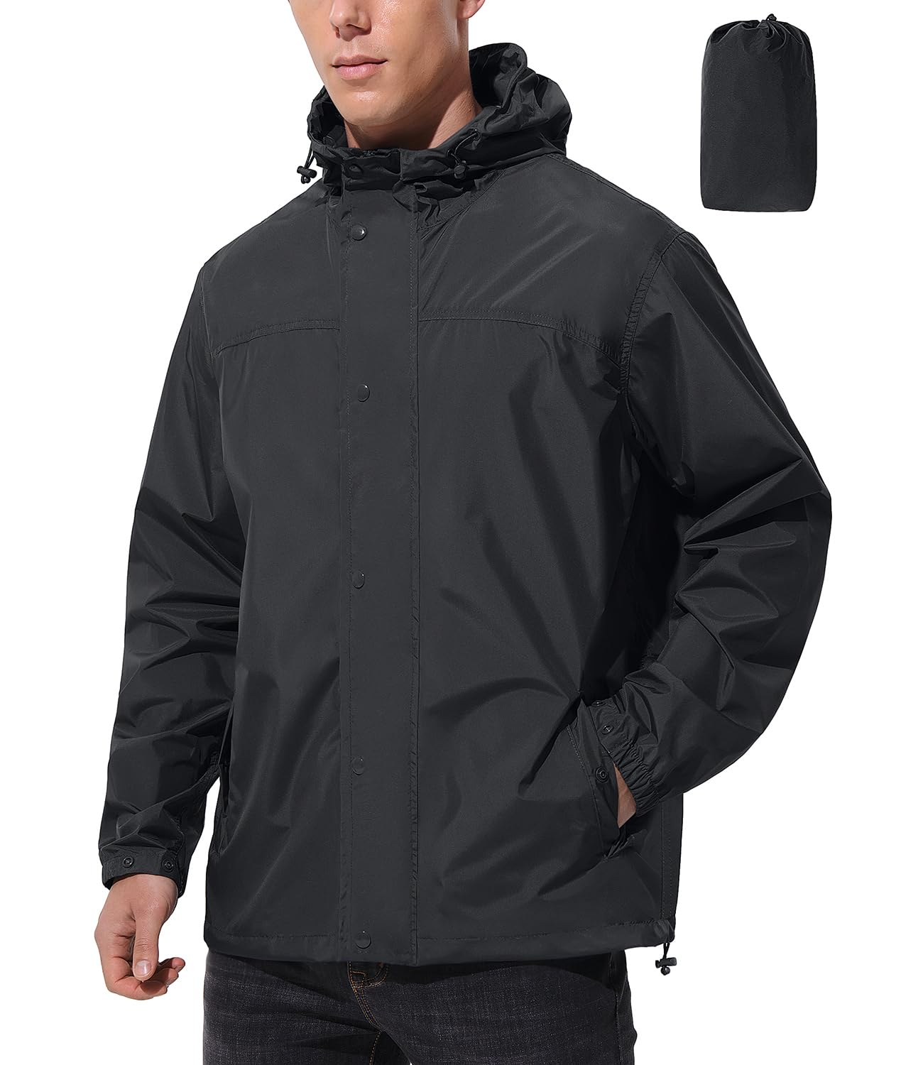 Photo 1 of UIQUR Men's Packable Travel Waterproof Raincoat with Hood Lightweight Windbreaker Rain Shell Jacket for Outdoor Running Bike(Black, XX-Large)