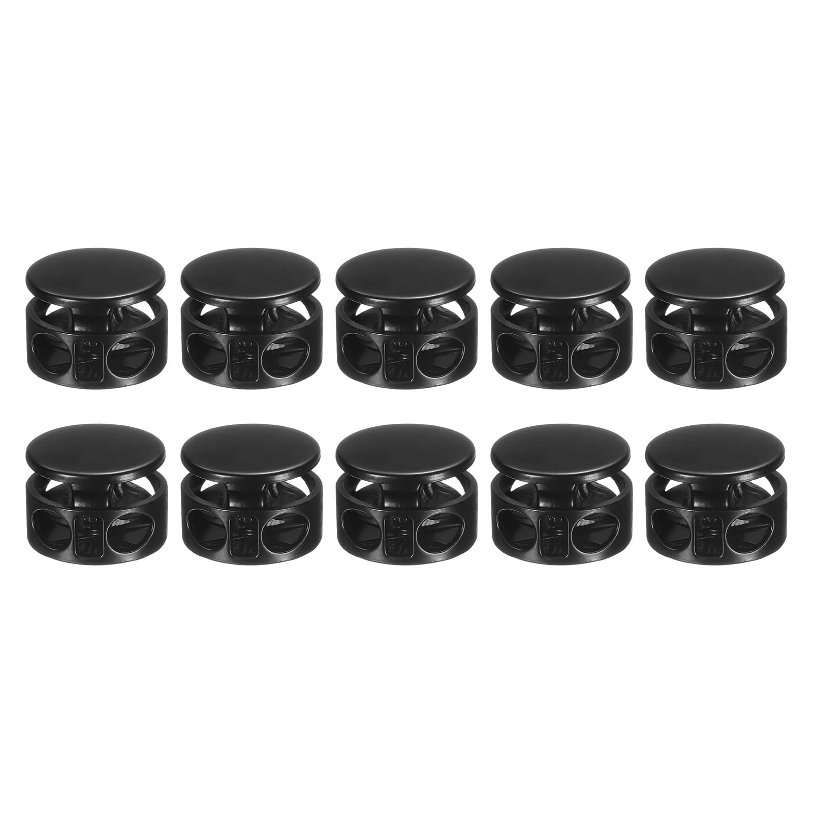 Photo 1 of uxcell 10Pcs Double Hole Cord Locks, 4mm Round Metal Spring Toggle Stopper Clip for Shoelaces Drawstrings Paracord, Matte Black