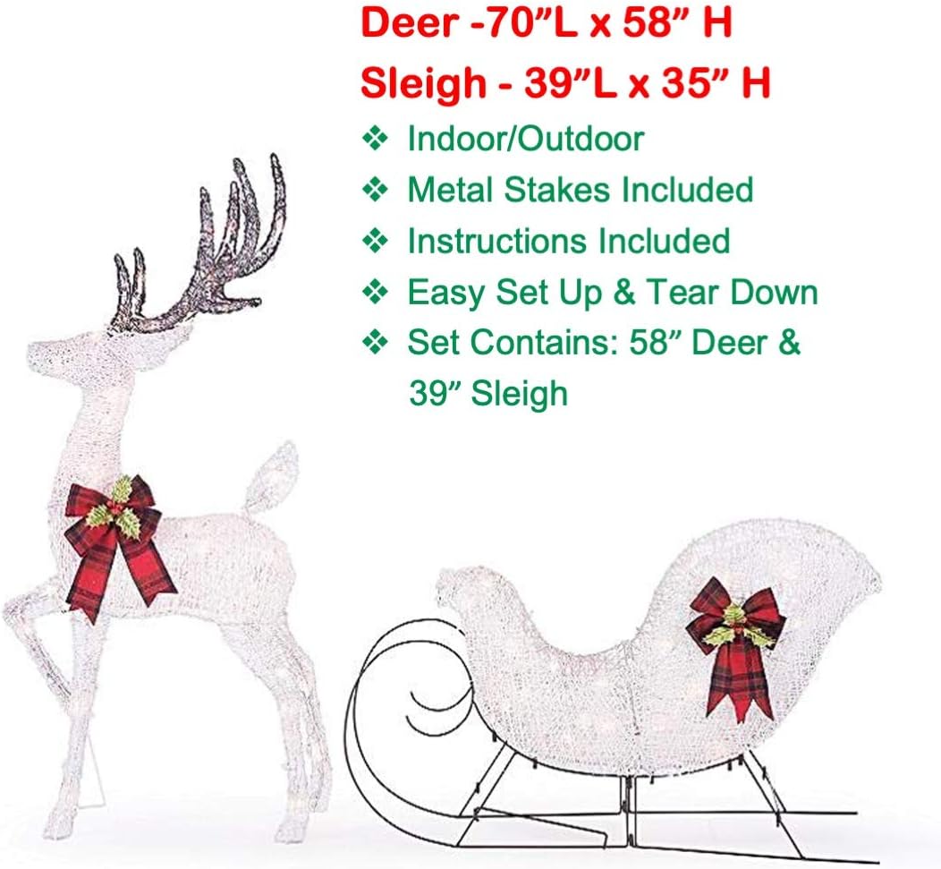 60 Cool White Splendor Lighted Reindeer Sleigh Display Outdoor Christmas Decoration Seasonal Winter Holiday Yard Art Sculptures Seasonal Decor Home Kitchen