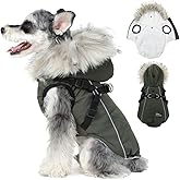 PINA Dog Coat with Built in Harness, Dog Jacket with Faux Fur Hood, Dogs Vest with Reflective Strap for Small Medium Large Dogs, Green, M