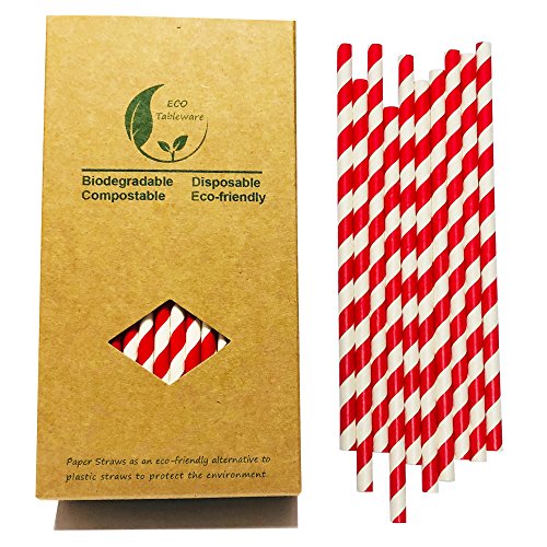 Bright Red And White Stripes Drinking Paper Straws, 7.75 Inch Red Stripes (100 Pack)