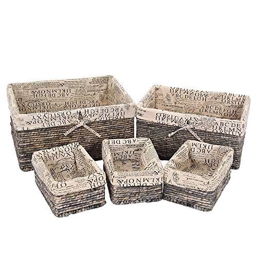 UPC 697691650074, Stone Gray Wicker Decorative Organizing Baskets - 3 Small, 1 Medium, 1 Large Text Design - 5 Piece Set