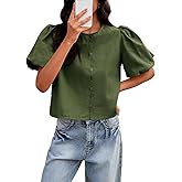 Tankaneo Womens Cropped Tops Puff Sleeve Button Down Shirts Trendy Casual Loose Fit Cute Blouse