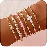 Bohxantium Gold Beaded Bracelets Stack for Women Valentines Day Gifts for Her Stackable 14K Gold Plated Beads Ball Cross Bracelet Boho Christian Jewelry Faith Friendship Birthday Gifts for Women