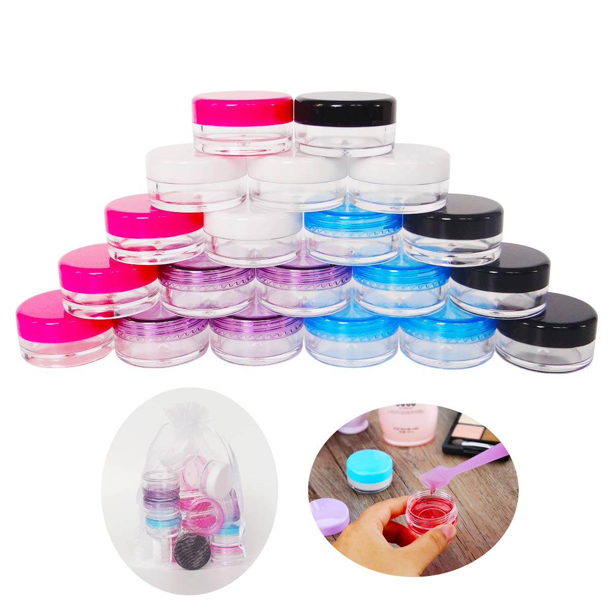 Wopanxye 20pack 5g Empty Sample Jars, 5ml Small Cosmetic Container for Makeup Eyeshadow Nails Oils Lip Balm Scrubs Jewelry Cream, 5 Gram Plastic Clear Pot with Cap Lid (Black/White/Pink/Rose Red)