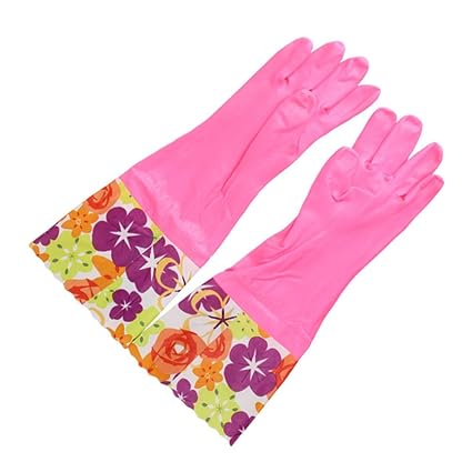 BESTONZON 1 Pair Kitchen Rubber Cleaning Gloves Household Thickening Velvet Waterproof Dishwashing Latex Glove (Pink)