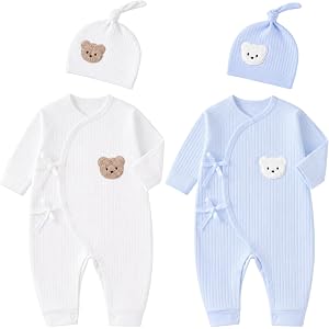 Ganwawo 2-Pack 100% Cotton Newborn Baby Clothes Set - Side Kimono Romper with Hat, Essential Coming Home Outfit for Boy Girl