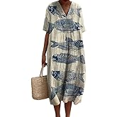 Epanus Women Summer V Neck Boho Print Maxi Dress Spring Casual Short Sleeve A Line Beach Vacation Long Dress with Pocket