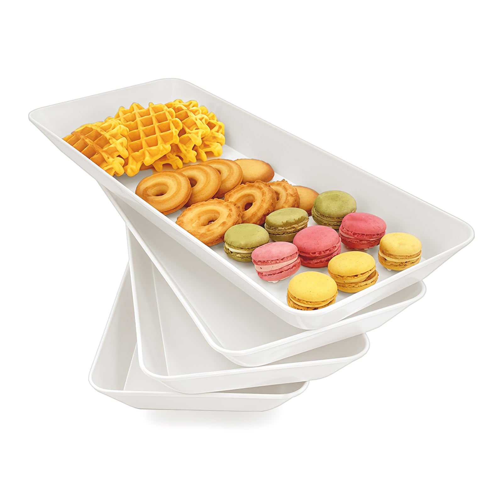 Photo 1 of AMGBZT Serving Tray Platter Rectangle, 4 Pcs Long Narrow Food Tray for Veggie Fruit Snack Dessert, Plastic White Food Trays for Party Supplies Display, Rectangular Platters for Serving Food, BPA Free